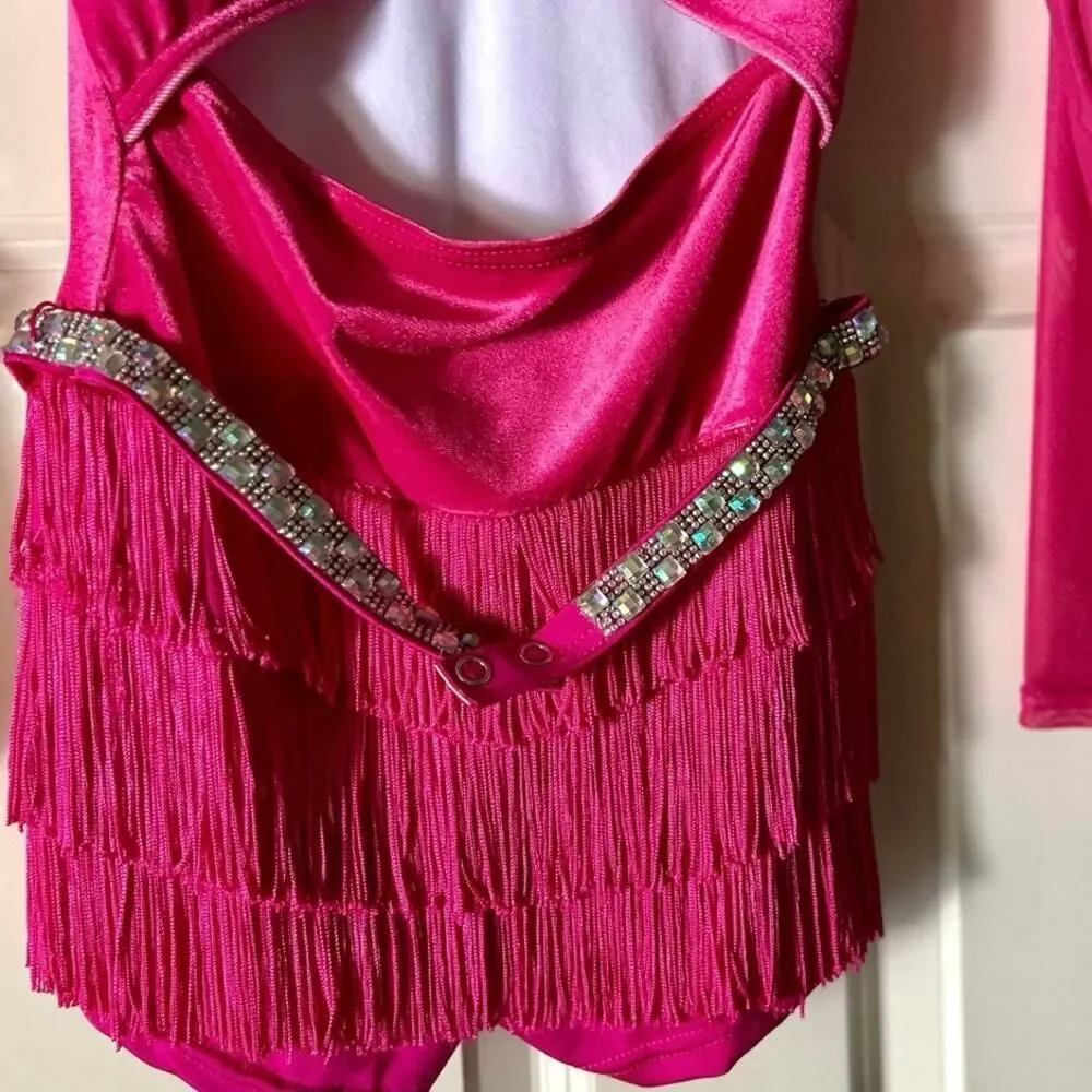 Weissman Pink Velvet Rhinestone Fringe Jazz Dance Costume Girls Medium Child - Picture 5 of 11
